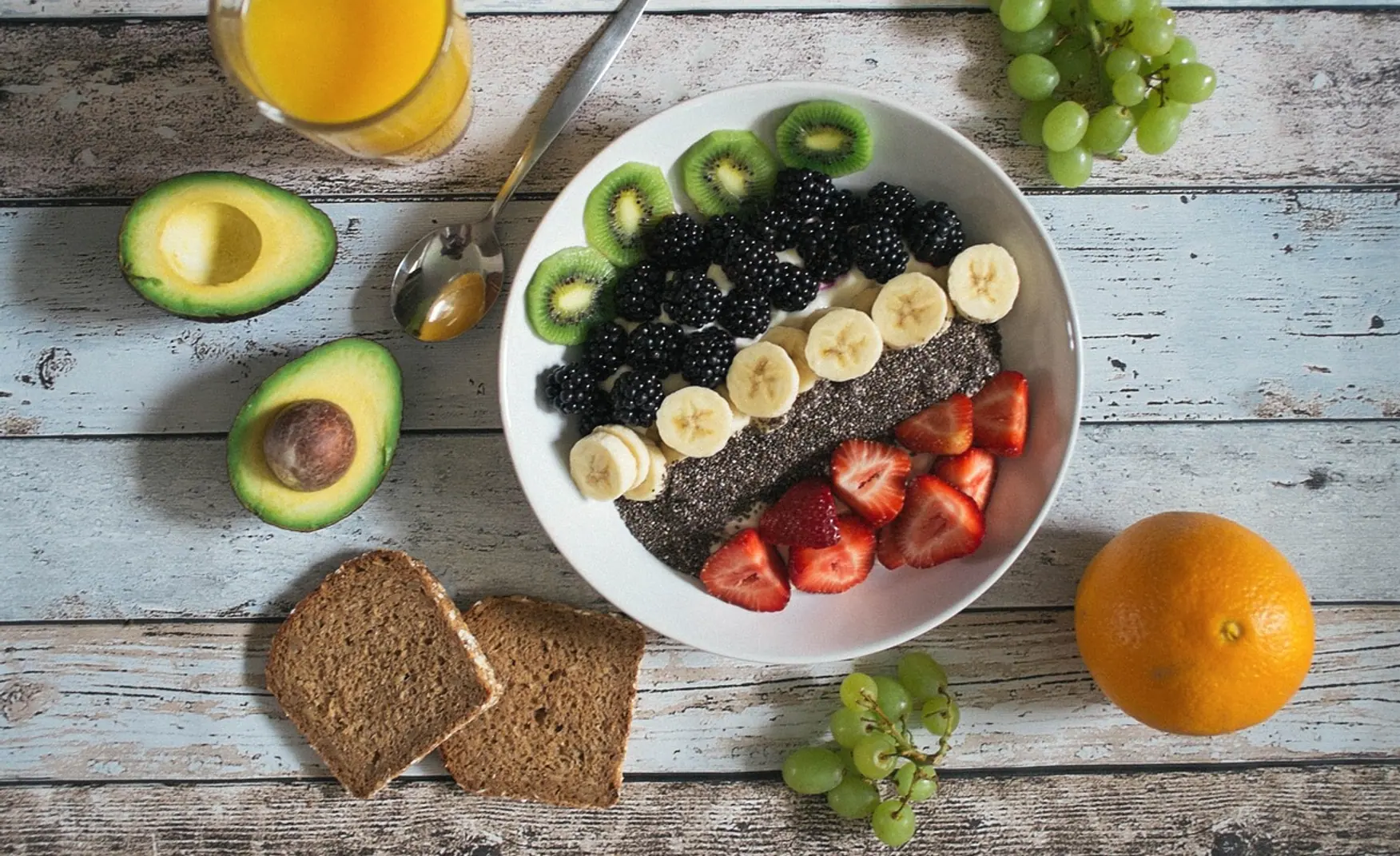 Bowl, breakfast and fruits
